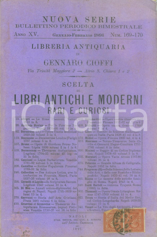 1891 NAPOLI Libreria Gennaro CIOFFI Libri antichi moderni rari e curiosi