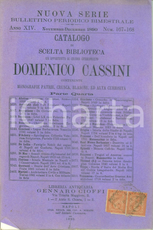 1890 NAPOLI Libreria Gennaro CIOFFI *Catalogo biblioteca Domenico CASSINI