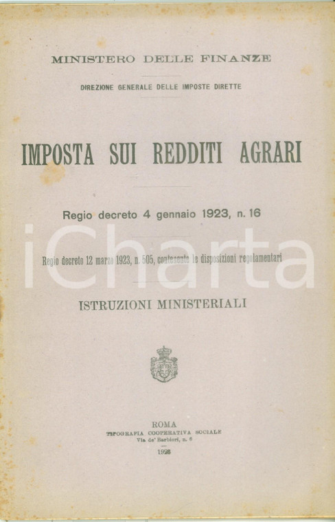 1928 ROMA Imposta sui redditi agrari Istruzioni ministeriali *Pubblicazione