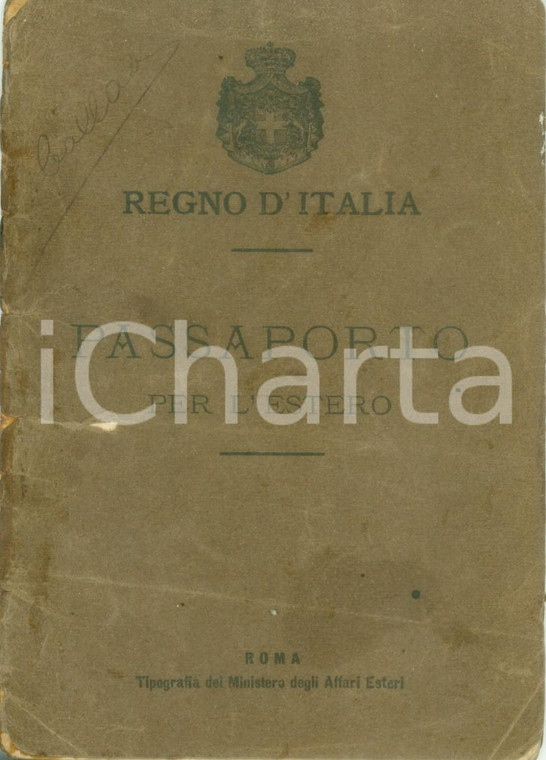 1910 REGNO D'ITALIA Passaporto di Giuseppe GHERRA per il PERU'