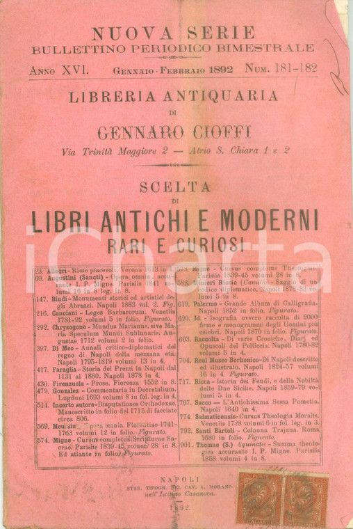 1892 NAPOLI Libreria Gennaro CIOFFI Libri antichi e moderni rari Catalogo