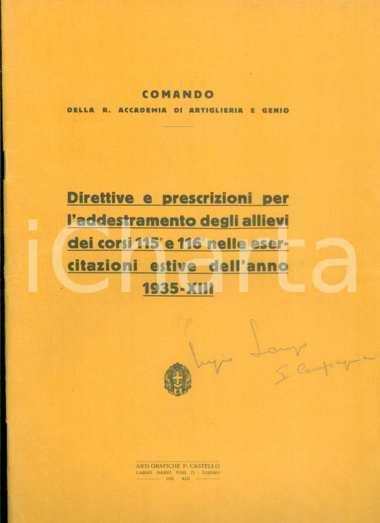 1935 TORINO R. Accademia Artiglieria e Genio Addestramento allievi corsi 115 116