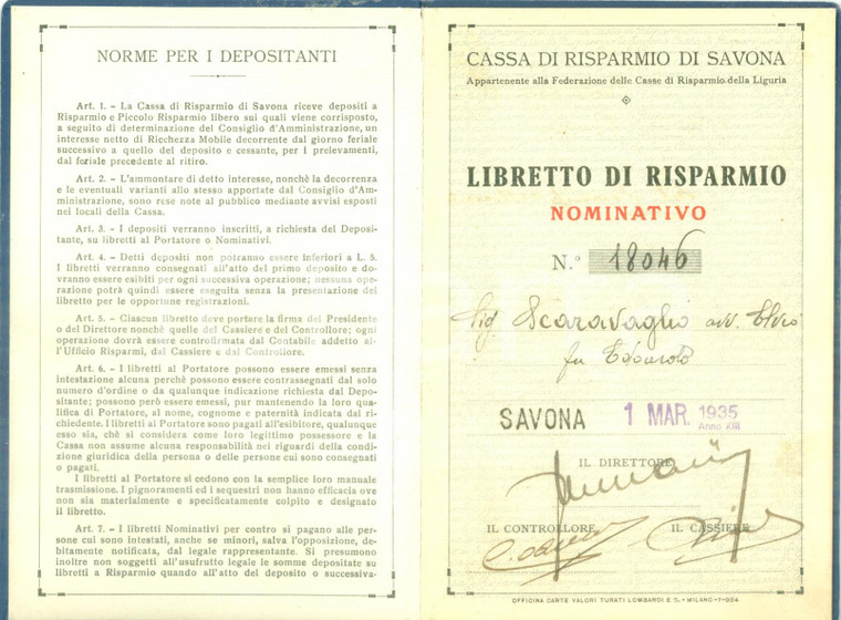 1935 SAVONA Cassa di Risparmio Libretto nominativo di Elvio SCARAVAGLIO