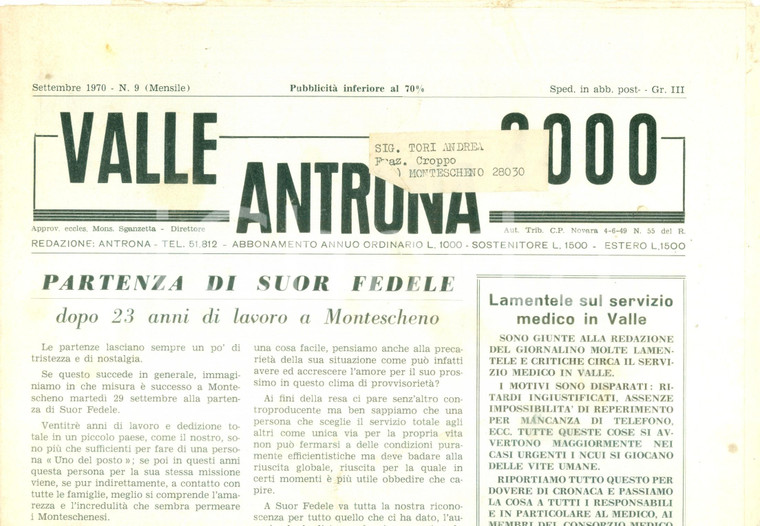 1970 Mensile VALLE ANTRONA 2000 Suor Fedele parte da MONTESCHENO *Giornale