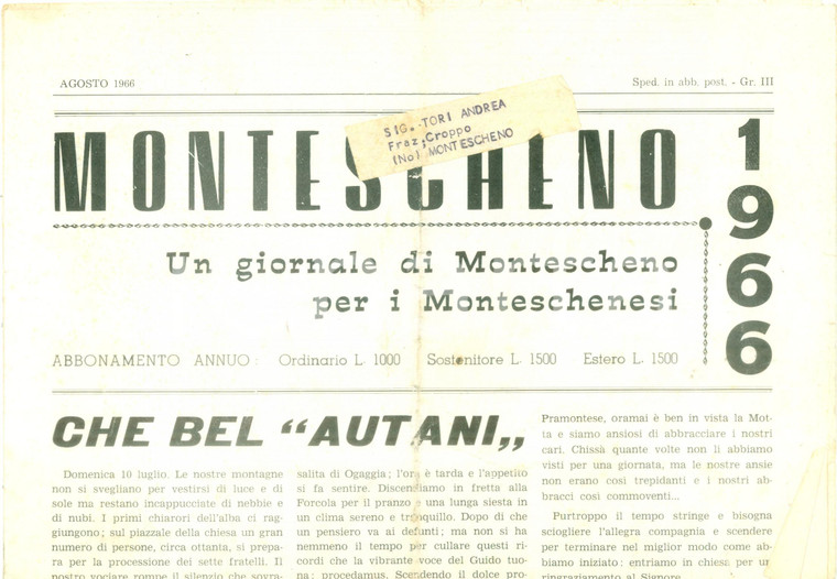 1966 MONTESCHENO Che bel Autani di Set Frei *Giornale DANNEGGIATO