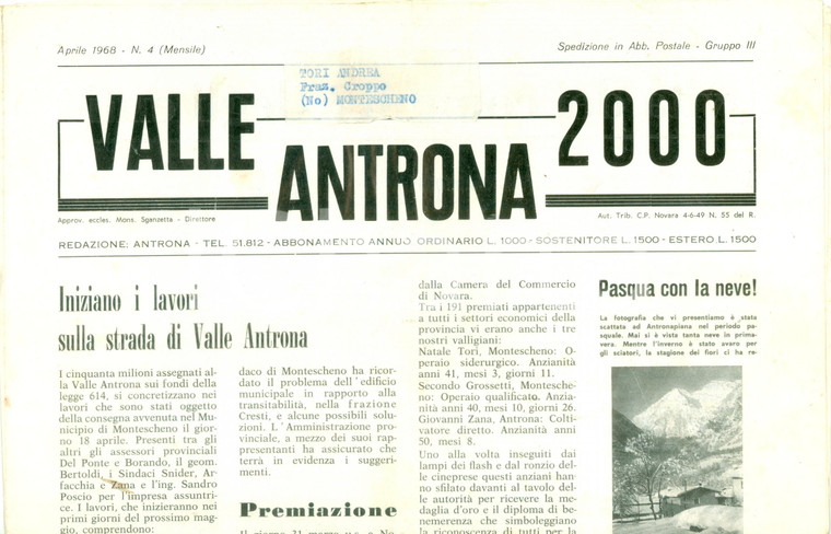 1968 Mensile VALLE ANTRONA 2000 Iniziano lavori su strada di VALLE ANTRONA