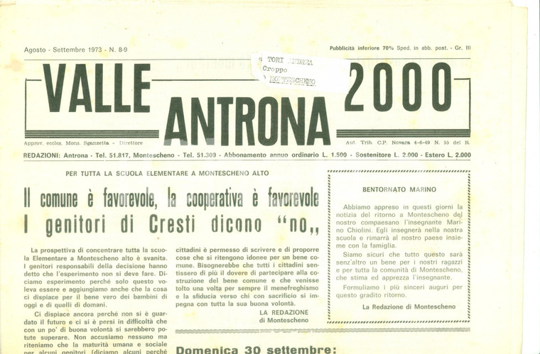 1973 Mensile VALLE ANTRONA 2000 Genitori di CRESTI contro scuola a MONTESCHENO