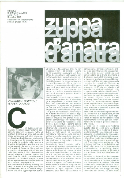 1981 MILANO Obraz Cinestudio ZUPPA D'ANATRA n. 2 Effetto Arca *Rivista di cinema