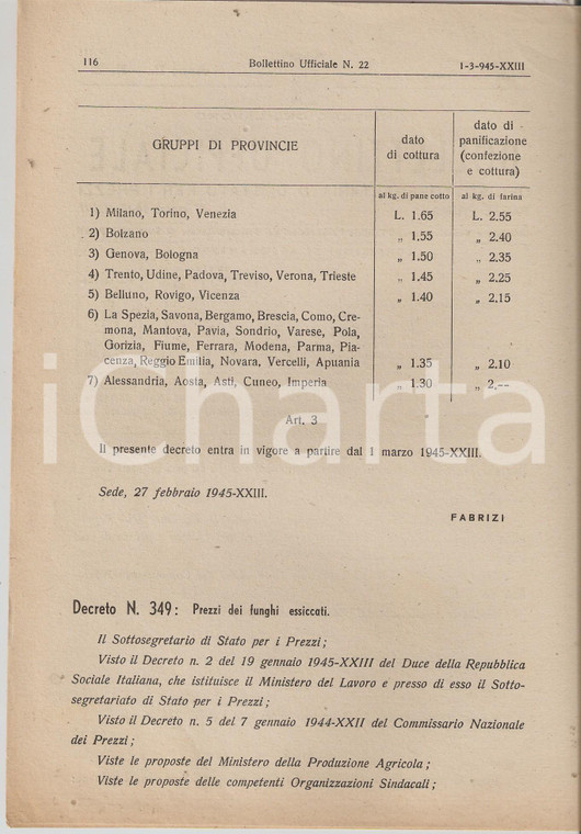 1945 MINISTERO DEL LAVORO RSI Macinazione del pane e prezzi funghi essiccati