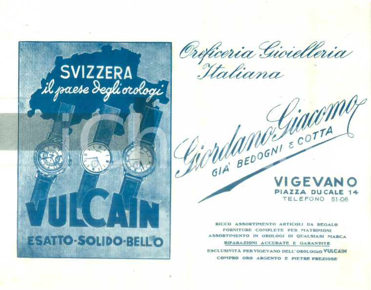1945 ca VIGEVANO (PV) Oreficeria Gioielleria Italiana Giacomo GIORDANO Vulcain
