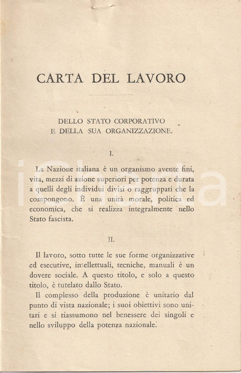 1928 MINISTERO DELLE CORPORAZIONI Carta del Lavoro dello Stato corporativo