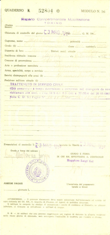 1942 NOVARA WW2 Giuseppe MORTARINO trattenuto in servizio civile *Documento