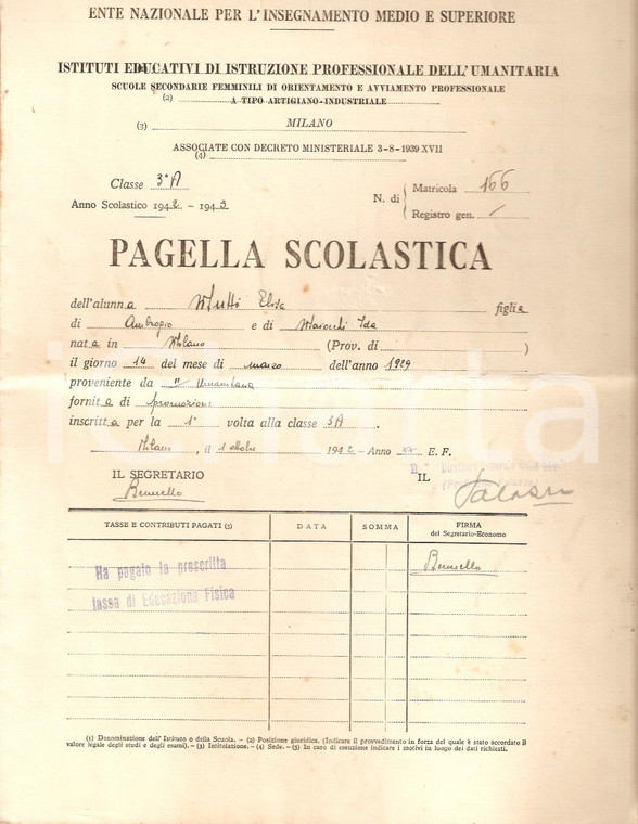 1942 MILANO ENIMS Elisa MUTTI Istruzione Professionale *Pagella scolastica