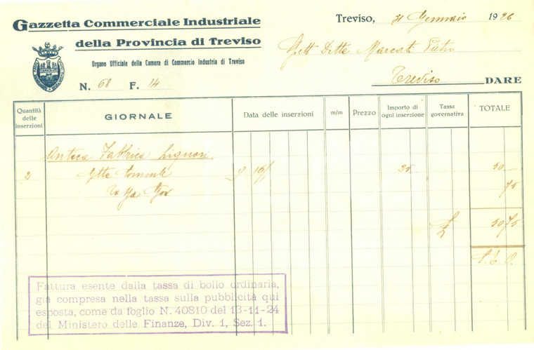 1926 TREVISO Gazzetta Commerciale Industriale della Provincia *Fattura
