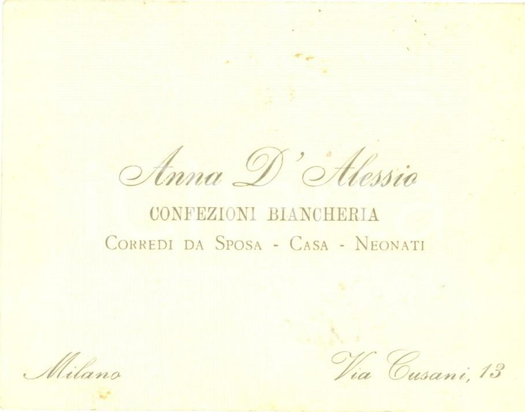 1918 MILANO Anna D'ALESSIO Confezioni biancheria Corredi da sposa *Biglietto