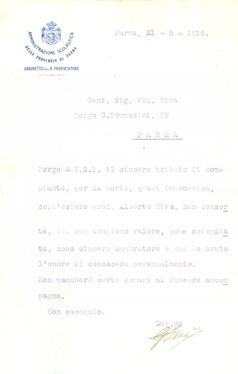 1916 PARMA Giuseppe FUA' invia condoglianze per scienziato Alberto RIVA *Lettera