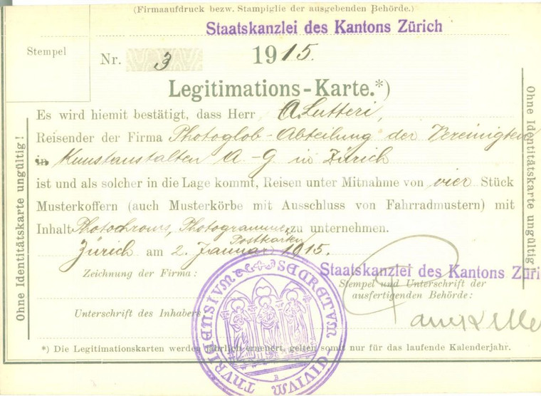 1915 ZURICH (SWITZERLAND) Lasciapassare per LUTTERI commesso viaggiatore