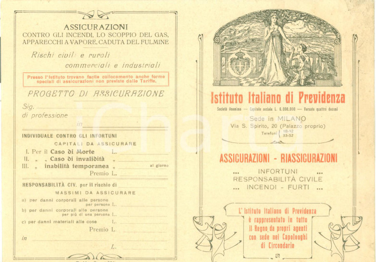 1924 MILANO Istituto Italiano di Previdenza Assicurazioni *Opuscolo DANNEGGIATO