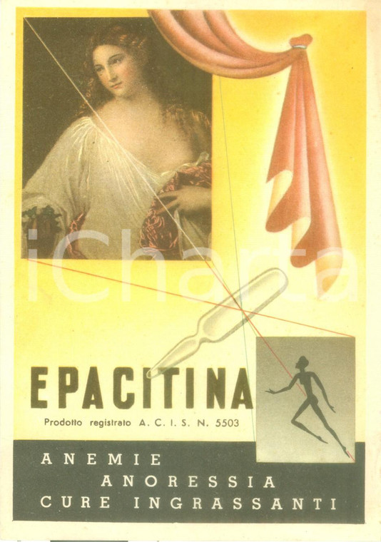 1950 ca MILANO Farmacosmici Cartoncino pubblicitario per Epacitina *ILLUSTRATO