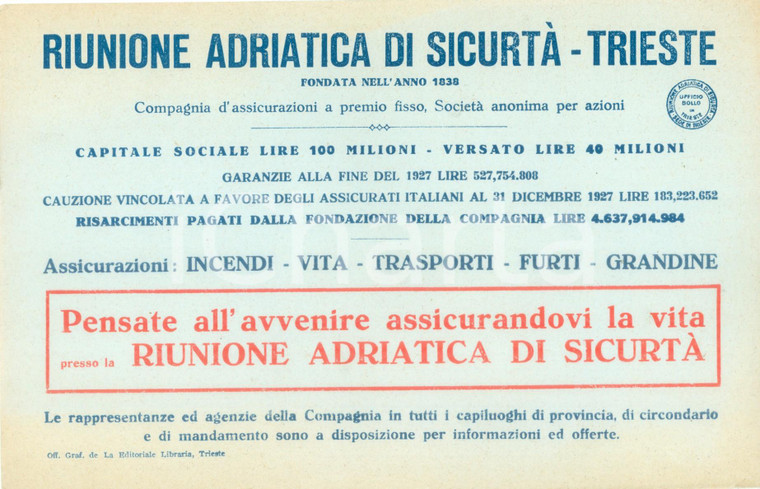 1927 TRIESTE Riunione Adriatica di Sicurtà *Volantino pubblicitario