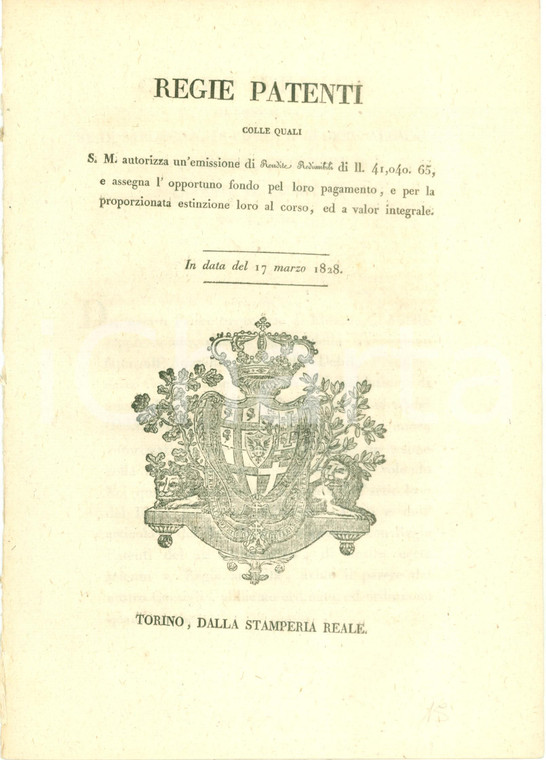 1828 TORINO REGNO DI SARDEGNA Nuove rendite redimibili per il Debito Pubblico