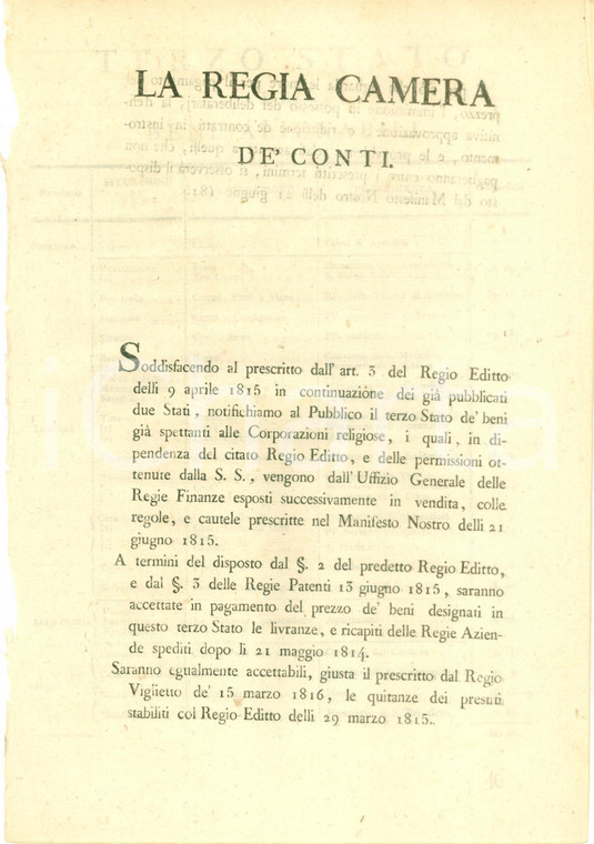1817 TORINO Elenco immobili delle Corporazioni religiose in vendita *Documento