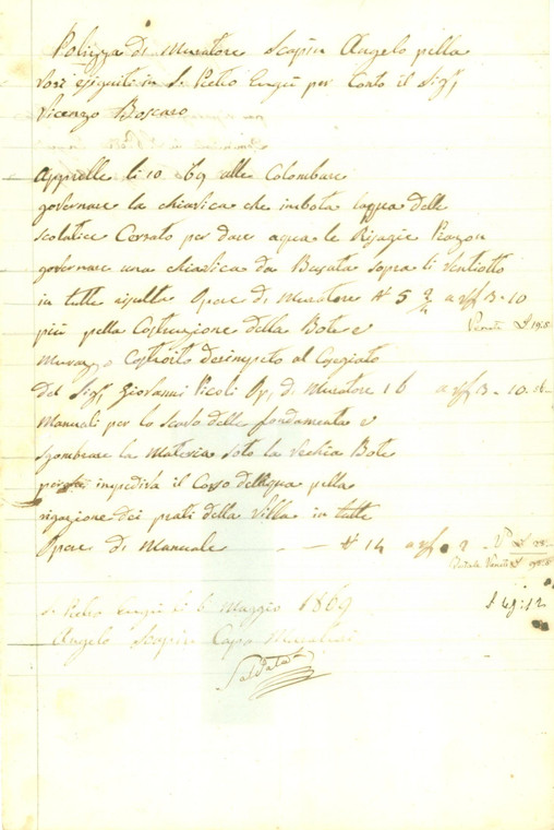 1869 SAN PIETRO IN GU (PD) Conto del muratore Angelo SCAPIN *Documento
