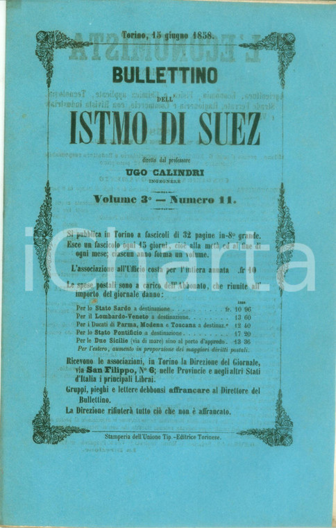1858 BOLLETTINO DELL'ISTMO DI SUEZ 11 Parlamento inglese discute del BOSFORO