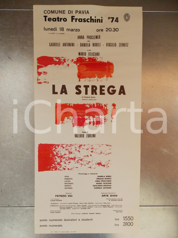 1974 PAVIA TEATRO FRASCHINI La Strega di Elisabeth BERGER *Manifesto cm 34 x 70