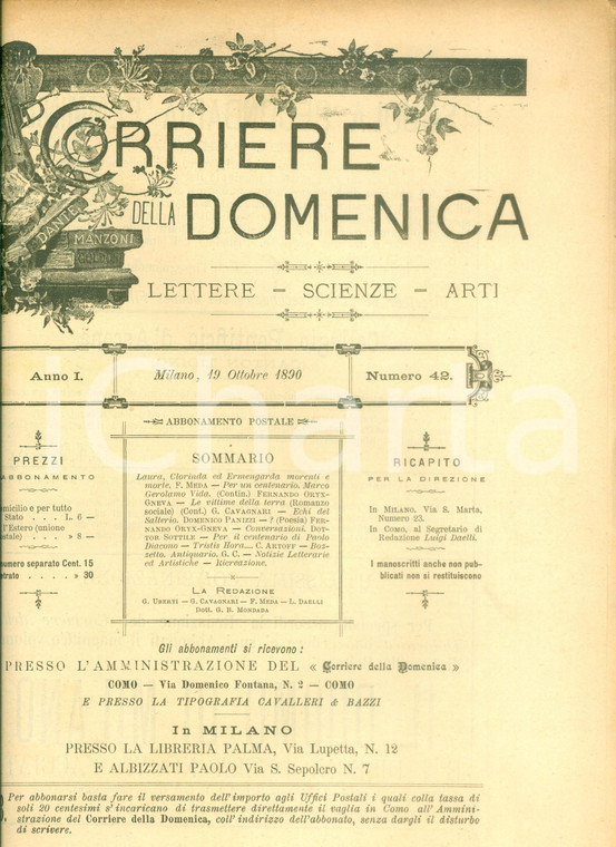 1890 CORRIERE DELLA DOMENICA  Filippo MEDA Laura Clorinda ed Ermengarda Giornale