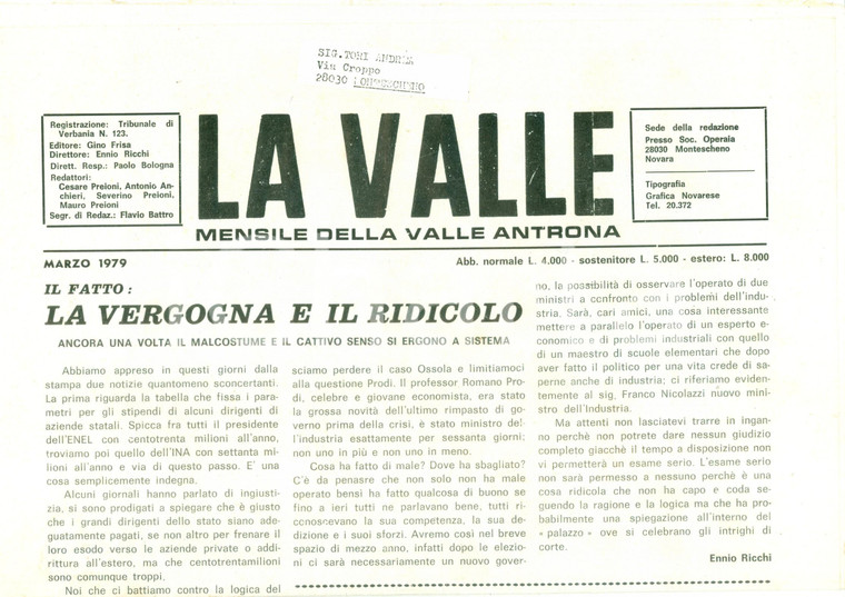 1979 Mensile LA VALLE ANTRONA Furto del ciborio di Giulio GUALIO *Giornale