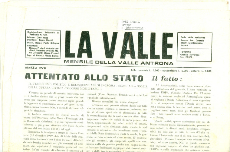 1978 Mensile LA VALLE ANTRONA Rapimento Aldo MORO attentato allo Stato *Giornale