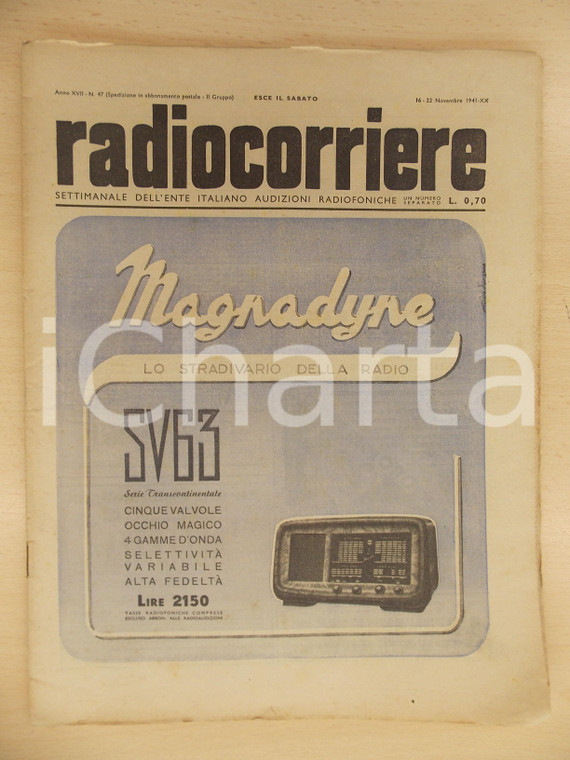 1941 RADIOCORRIERE EIAR Musica leggera e suo miglioramento Radio MAGNADYNE