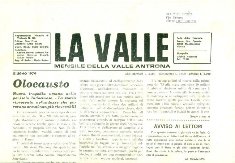 1979 Mensile LA VALLE ANTRONA Olocausto nella penisola dell'INDOCINA *Giornale