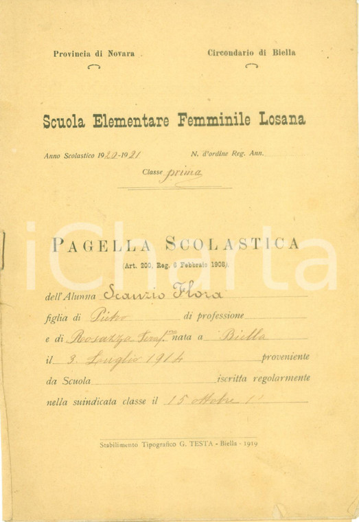 1921 BIELLA Scuole Elementare Femminile Pagella di Flora SCANZIO