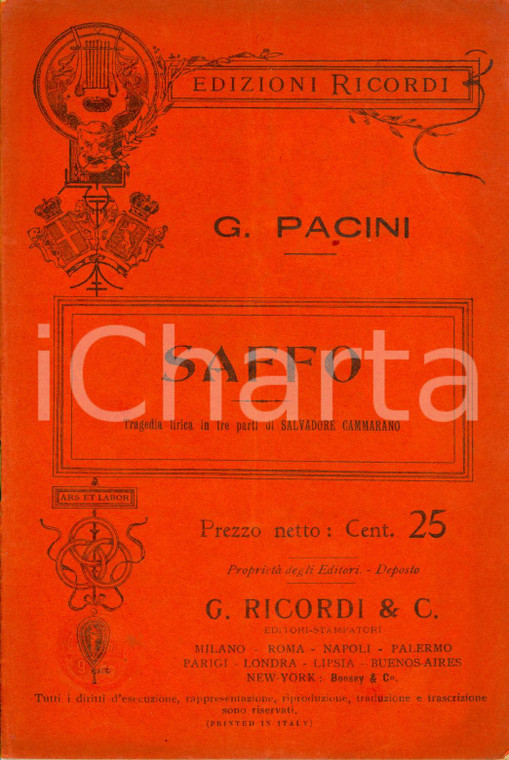 1909 Giovanni PACINI Salvatore CAMMARANO Saffo - Tragedia *Libretto ed. RICORDI