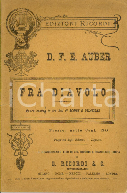 1889 Daniel AUBER Fra Diavolo - Opera comica in 3 atti *Libretto ed. RICORDI