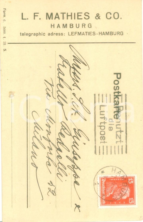 1926 HAMBURG (DE) Acciaieria L.F. MATHIES spedisce acciaio *Cartolina FP VG