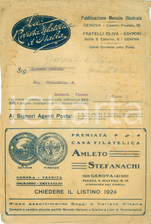 1924 GENOVA Premiata Casa Filatelica Amleto STEFANACHI Fratelli OLIVA *Busta