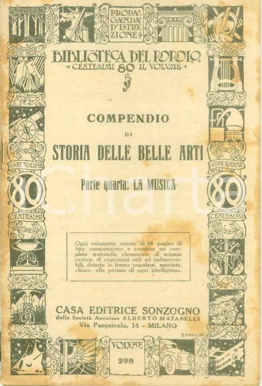 1934 BIBLIOTECA DEL POPOLO Compendio di storia delle Belle Arti IV La musica