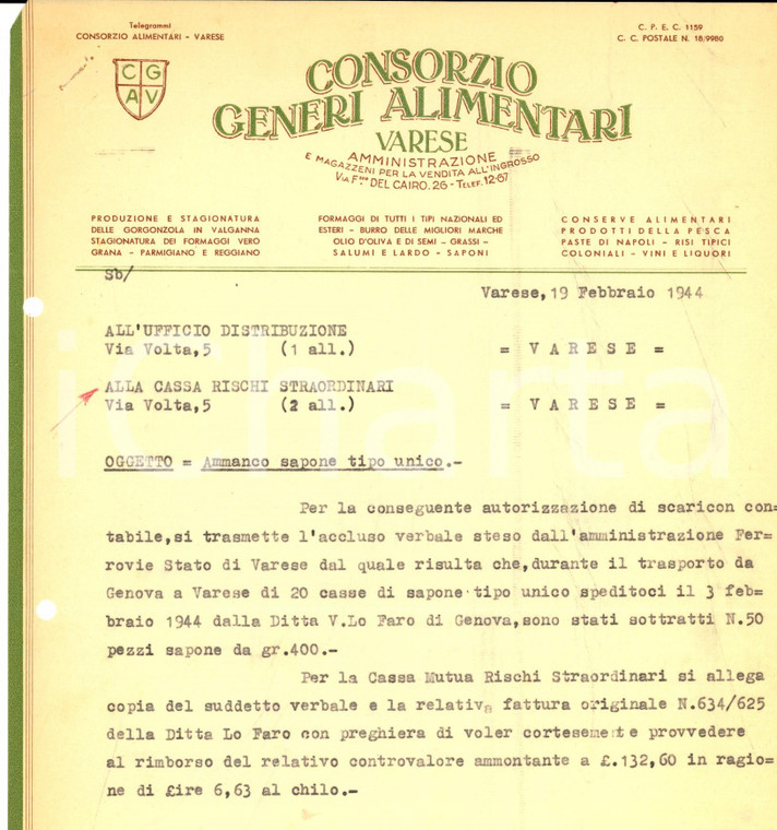 1944 RSI VARESE Consorzio Generi Alimentari - Furto di sapone in viaggio