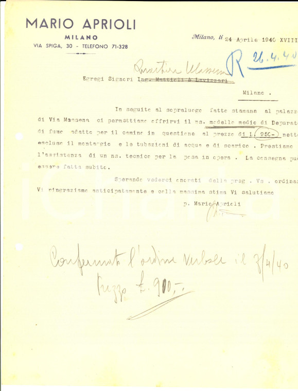 1940 MILANO Ditta Mario APRIOLI - Preventivo per depuratore *Carta intestata