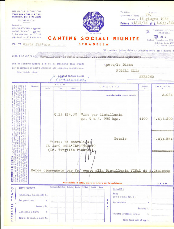 1965 STRADELLA (PV) CANTINE SOCIALI - Fattura per partita di vino