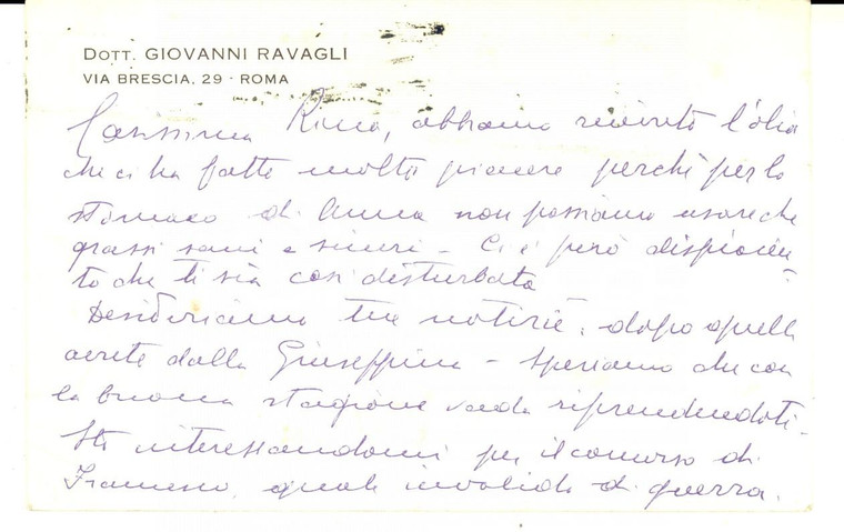 1955 ROMA Dott. Giovanni RAVAGLI Cartolina a Rina BERTOLINI *Autografo