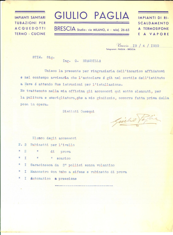 1939 BRESCIA Ditta Giulio PAGLIA Impianti sanitari *Lettera per smerigliatura