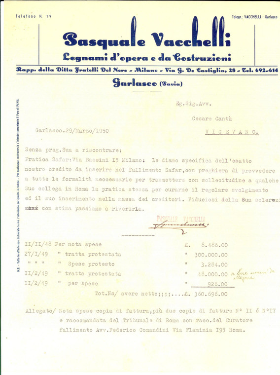 1950 GARLASCO (PV) Pasquale VACCHELLI Legnami d'opera *Lettera su fallimento