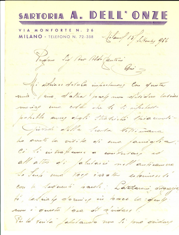 1936 MILANO Sarto Alfredo DELL'ONZE contro un autista maleducato *Lettera