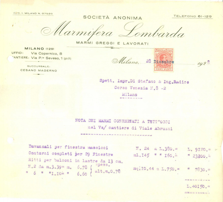1928 MILANO Società Anonima Marmifera Lombarda Marmi greggi e lavorati *Fattura