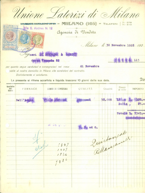 1928 MILANO Unione laterizi Agenzia di vendita Fattura su carta intestata