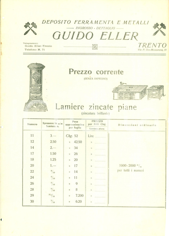 1921 TRENTO Ditta Guido ELLER Listino lamiere zincate piane ILLUSTRATO